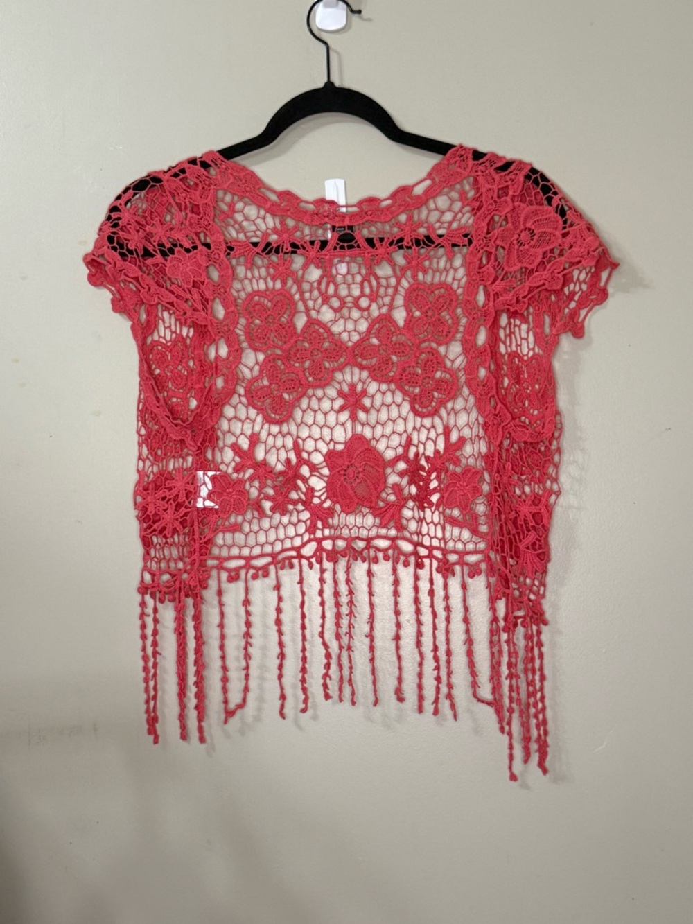 Crochet Fringe Top - Coral Pink woman small/medium boho fairy lace festivalcore
